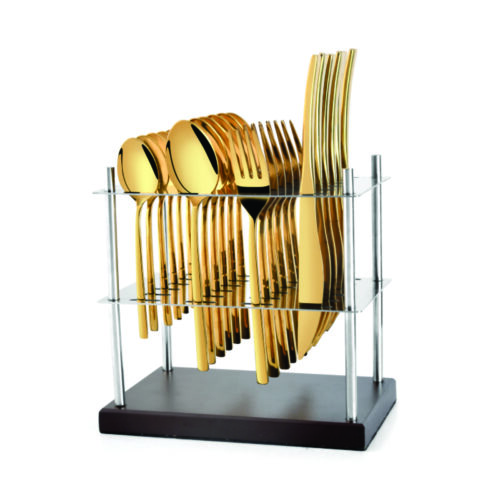 24 Pcs Rynox Rose Gold/Gold With Spoon Cutlery Stand